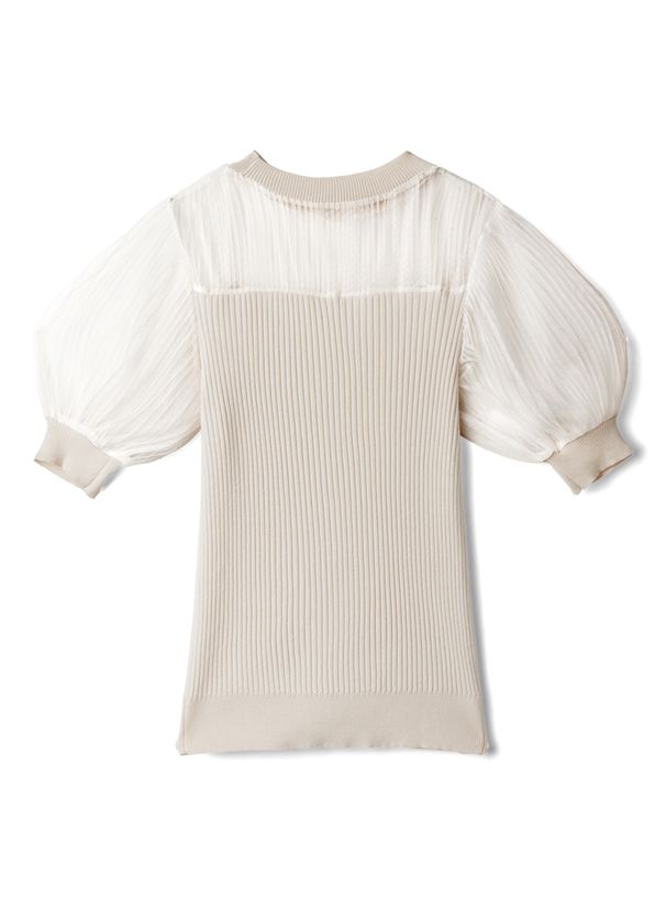 日本 GRL - 薄紗透膚異材質拼接澎澎袖短袖上衣-米