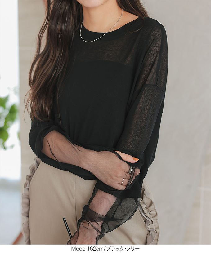 日本 Kobe Lettuce - 透膚異材質露半截長袖上衣-(指孔設計)-黑