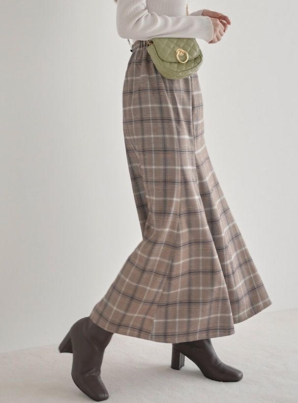 日本 GRL - 格紋魚尾裙-咖啡