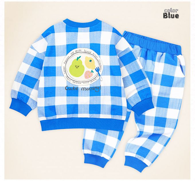 韓國 mollimelli - 水果印花大格紋長袖套裝-藍