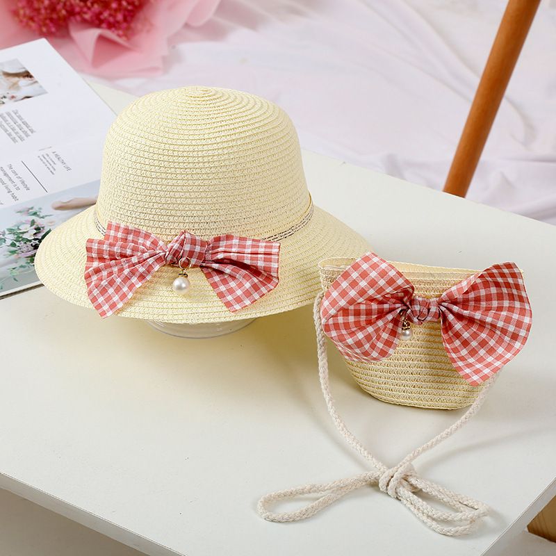 日系沙灘蝴蝶結草帽/遮陽帽-附小背包-卡其色 (建議2-8歲)