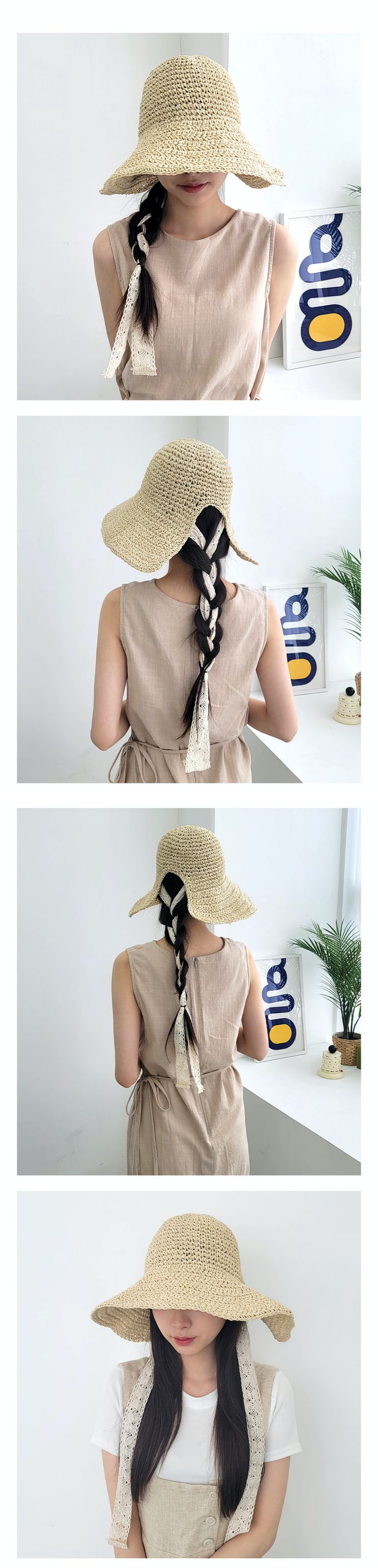 韓國 Soo&Soo - 蕾絲緞帶裝飾編織遮陽帽-奶茶咖