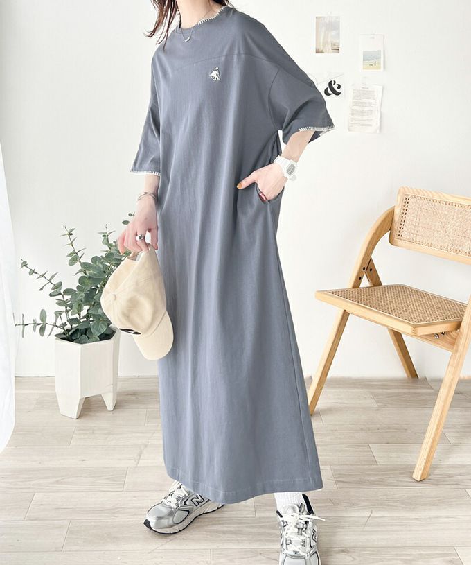 日本 Classical Elf - Java 純棉logo刺繡休閒素面洋裝-海軍藍