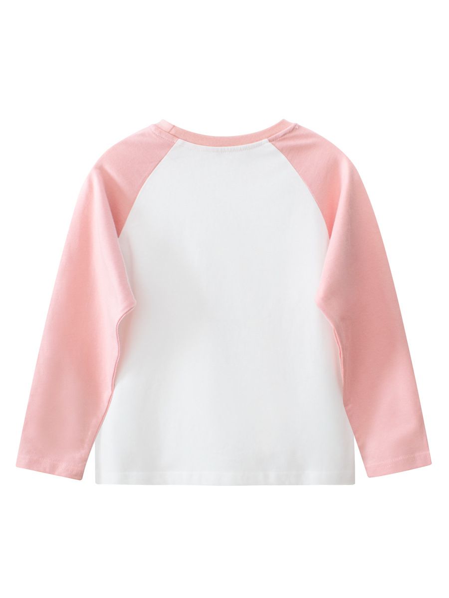 (大童)純棉圓領薄長袖上衣-紅衣熊熊-粉+白