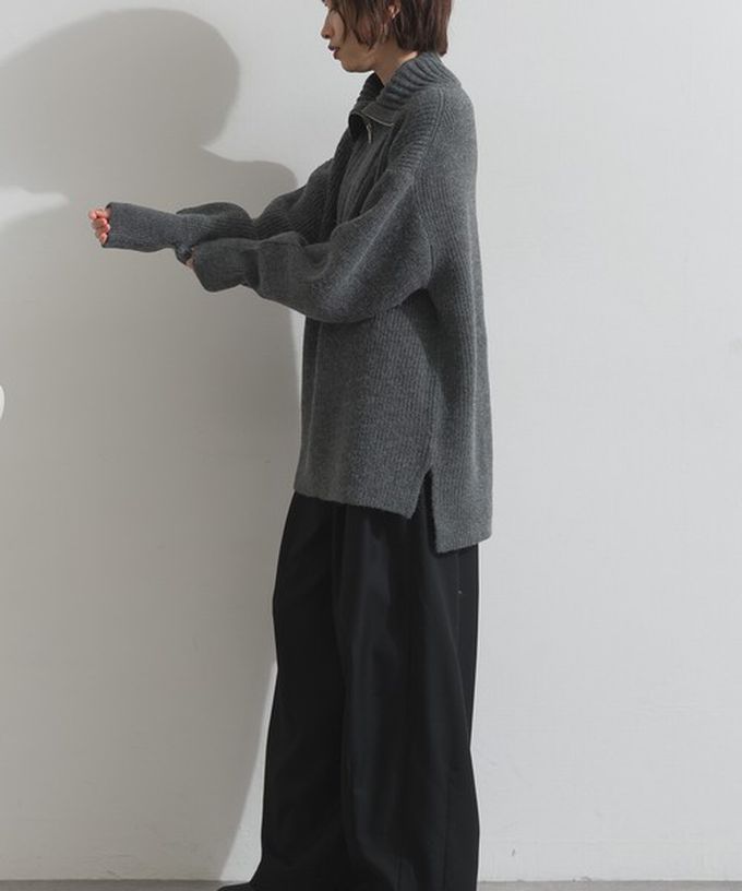 日本 ELENCARE DUE - 優雅線條感半拉鍊長版針織高領上衣-藍