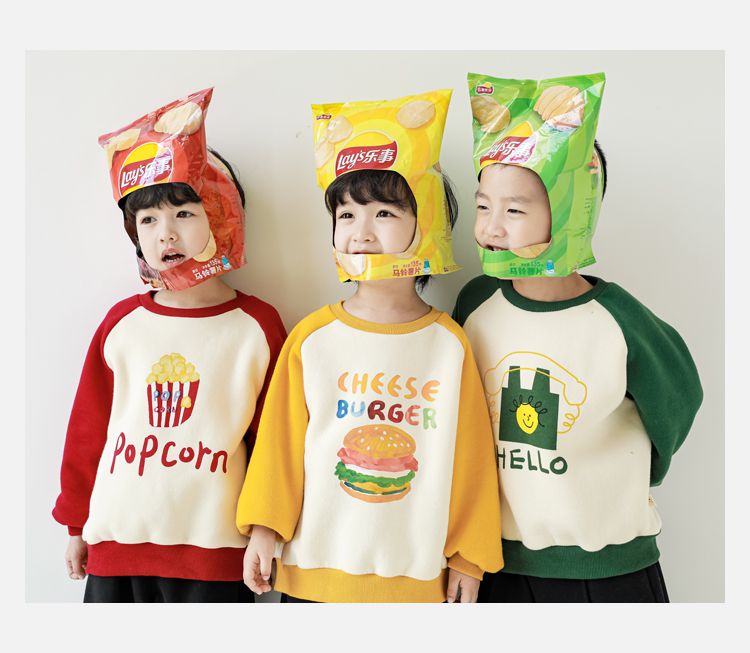 TONGMO - (加絨)卡通圓領保暖長袖上衣/大學T-漢堡-黃+米白