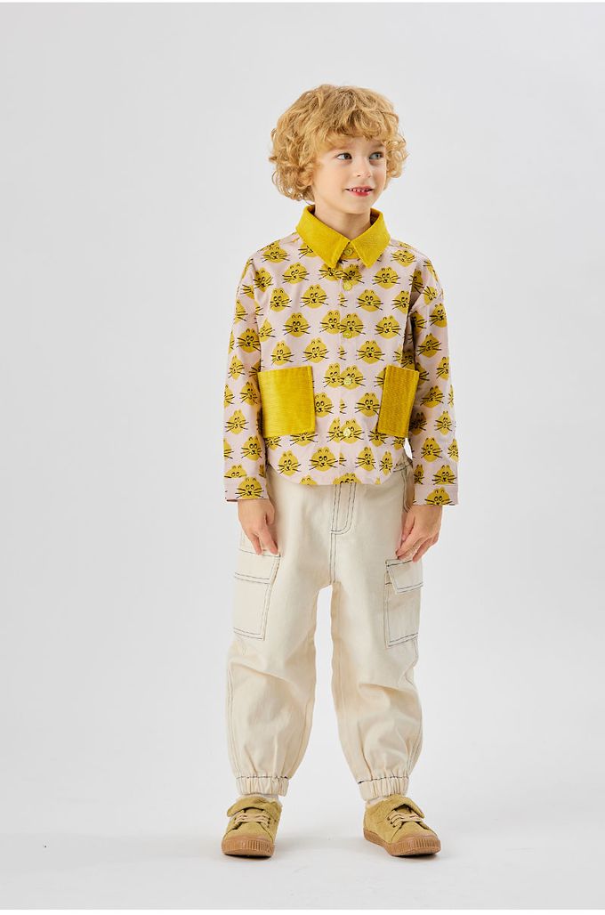 韓國 OZKIZ - 滿版黃貓圖印翻領長袖襯衫