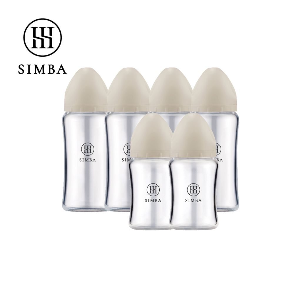 蘊蜜質金玻璃寬口防脹氣奶瓶4大2小全配組-新生適用-杏茶