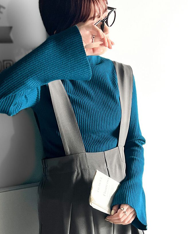 日本 Classical Elf - 小立領彈性羅紋針織上衣-淺灰