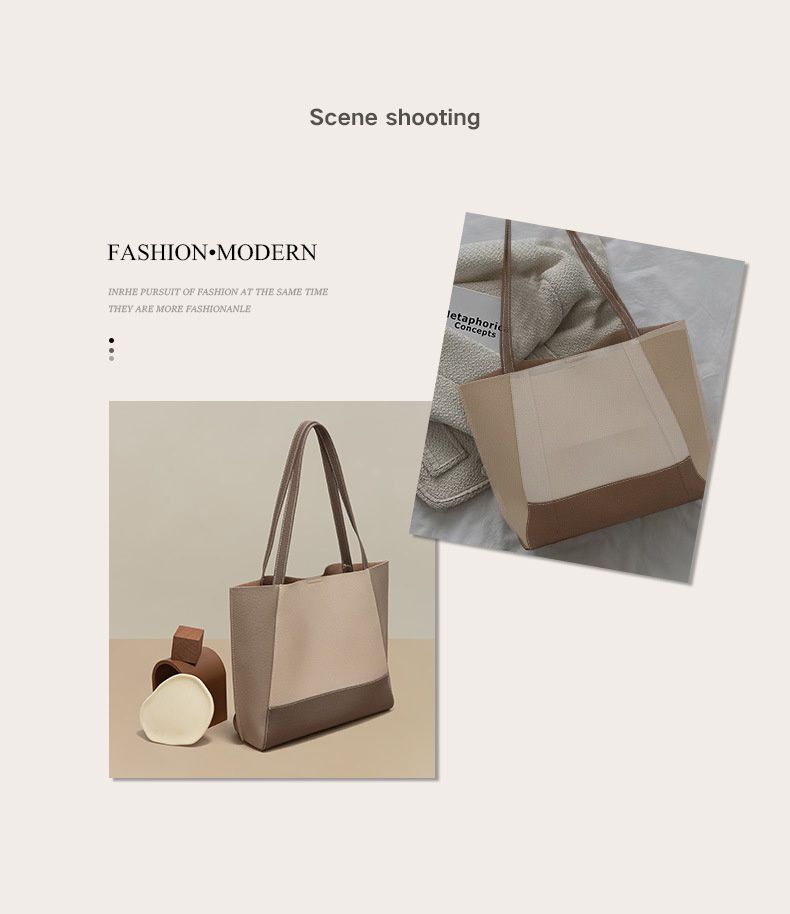 真皮簡約大容量拼色托特包-米白色 (40x10x29cm)