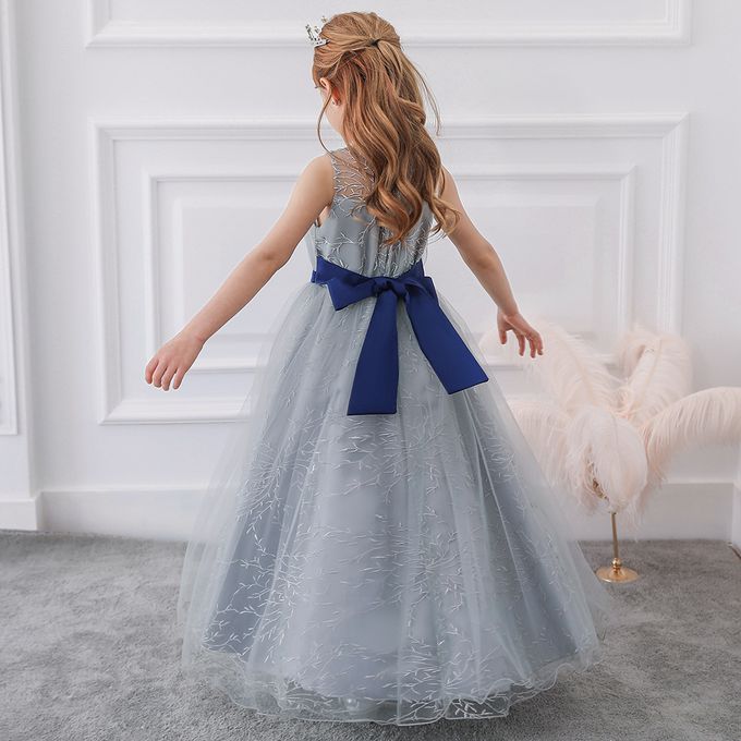 裸紗領口枝繡長禮服-灰色