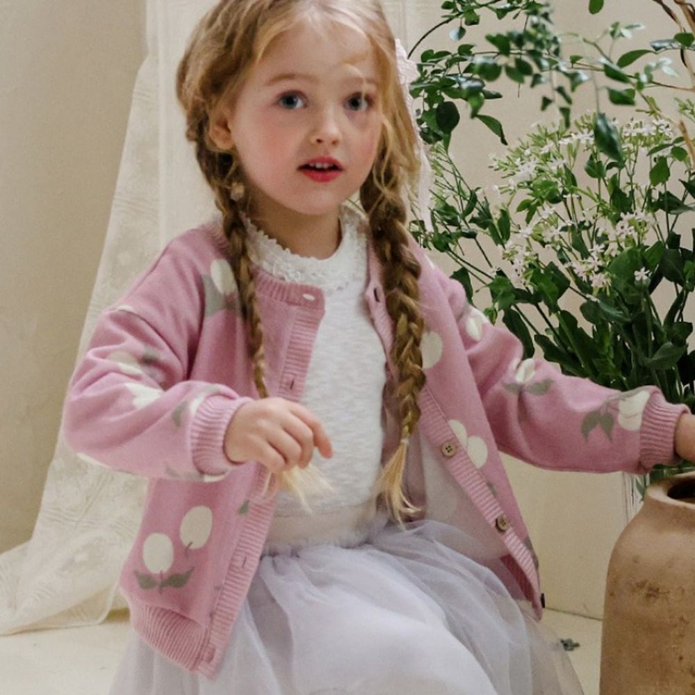 Puellaflo 滿版果實印花細膩針織無領外套-莓果粉