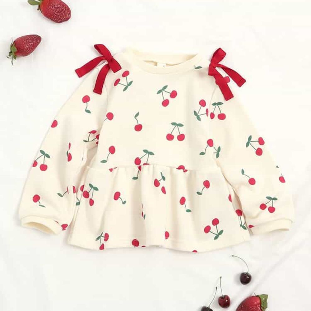 雙肩浪漫蝴蝶結裏毛長袖上衣-櫻桃-象牙