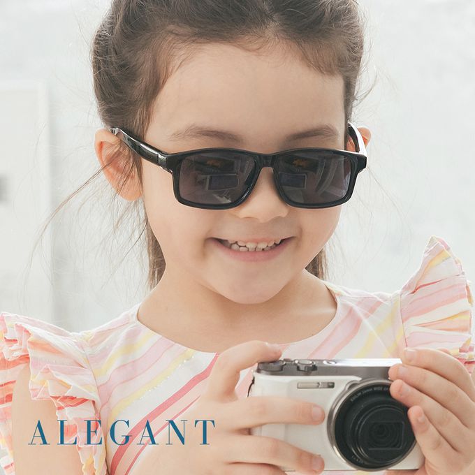 ALEGANT - 潮流率性黑中性兒童專用輕量方形彈性偏光墨鏡│UV400太陽眼鏡