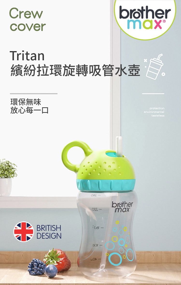 英國 Brother Max - 繽紛拉環旋轉吸管水壺, 藍綠色