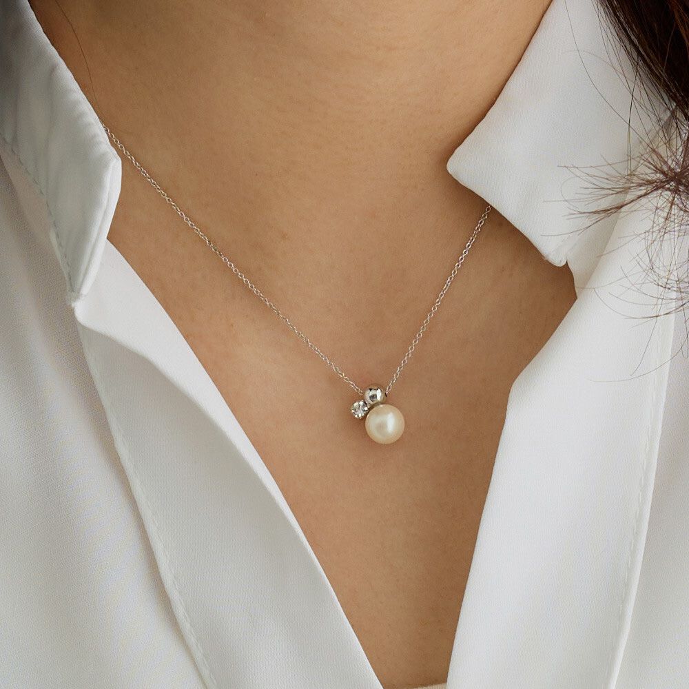 日本製 光澤柔美珍珠寶石項鍊-銀