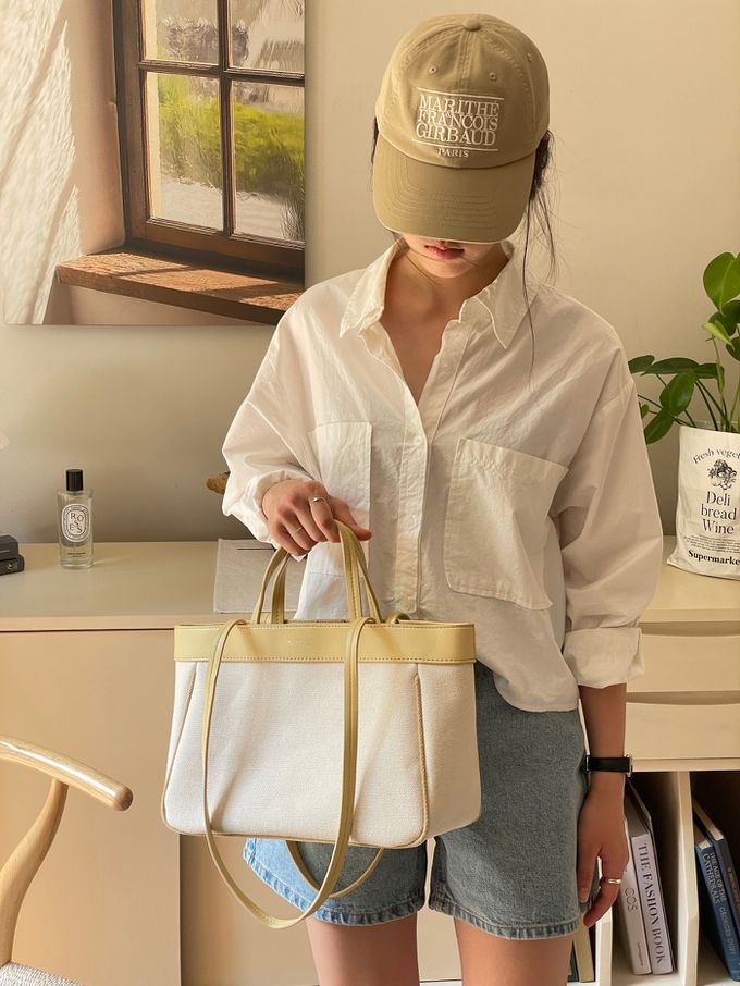 韓國 THEALLY - 經典帆布包手提/肩背包-奶油黃