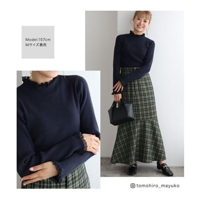 日本 BELLUNA - 氣質蕾絲拼接羅紋針織上衣-條紋x白