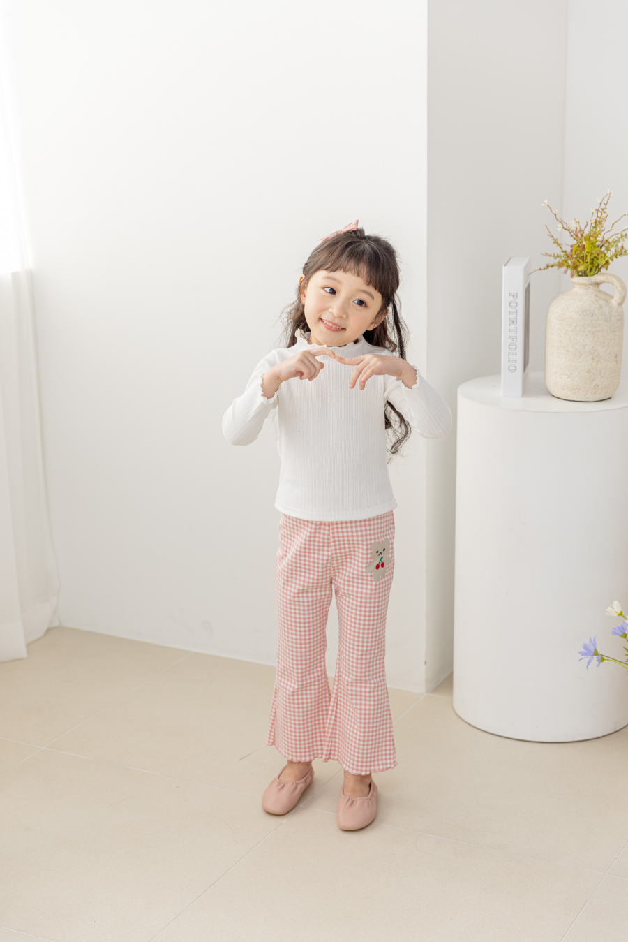 韓國 Orange Mom - 櫻桃熊格子彈力微喇叭褲-粉紅