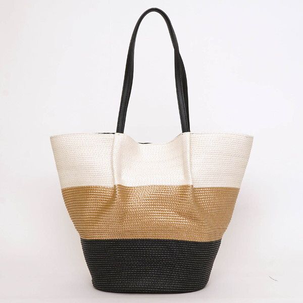 日本 COOCO - 三配色大容量托特手提包-灰米咖 (21x30x15cm)