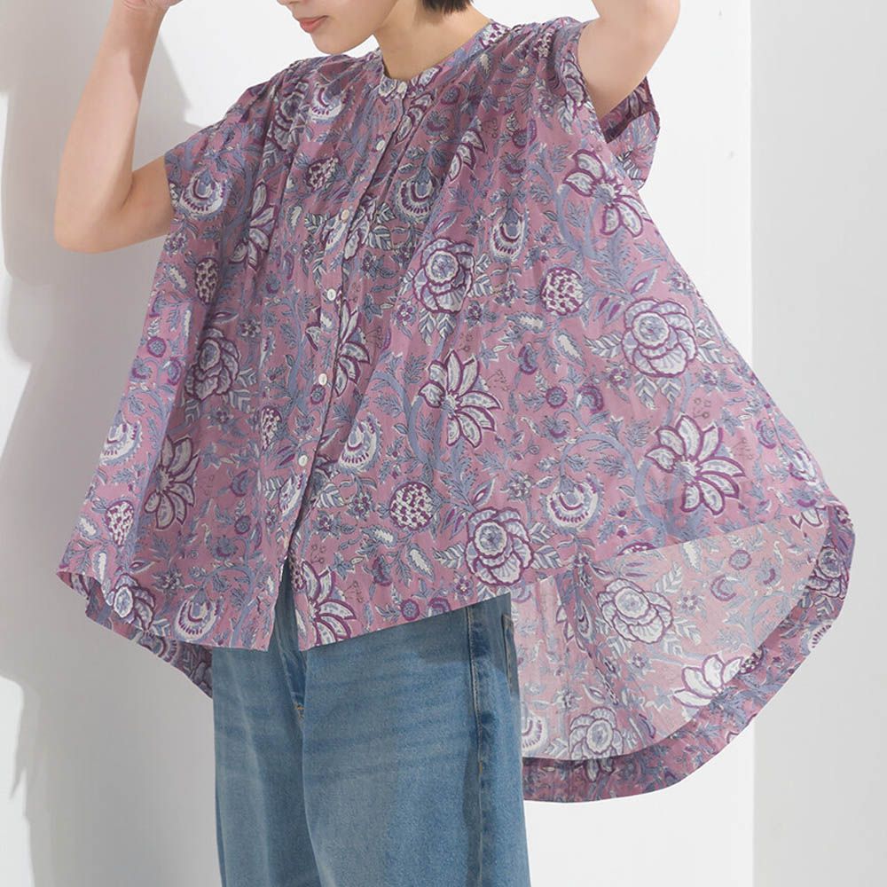 100%印度棉 輕盈寬版襯衫式上衣-花朵-紫