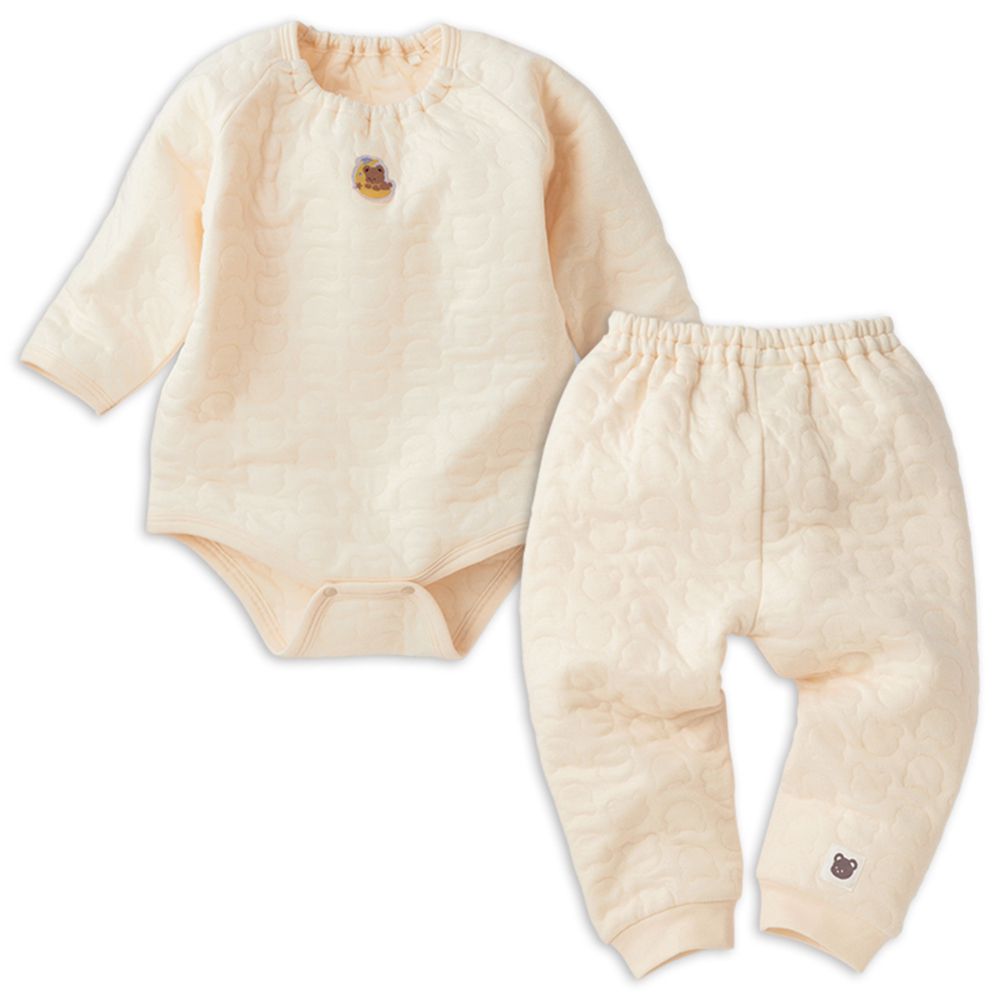 長袖鋪棉包屁衣家居服-小熊-淺卡其色