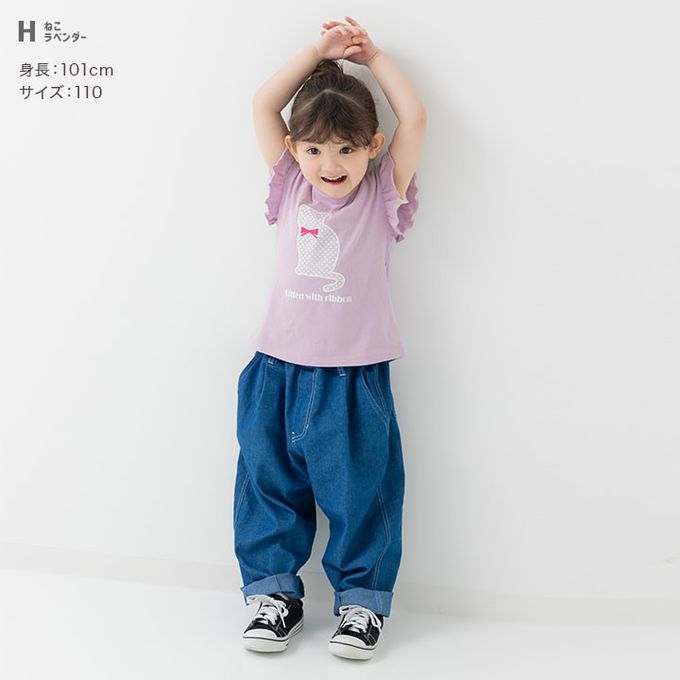 日本 Chil2 - 100%棉 荷葉邊女孩印花短袖上衣-糖果包包-水藍