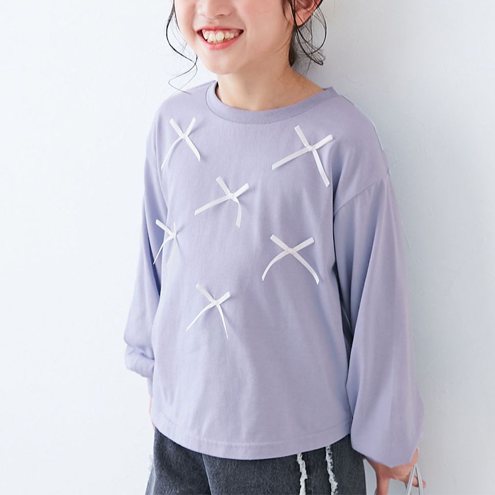 可愛緞帶寬鬆版型長袖上衣-藍紫