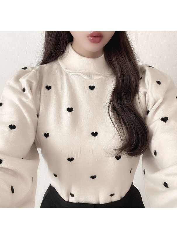 日本 GRL - 甜美小愛心立領針織上衣-黑 (F)