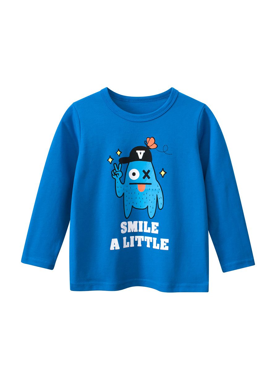 純棉圓領薄長袖上衣-調皮怪獸-藍色