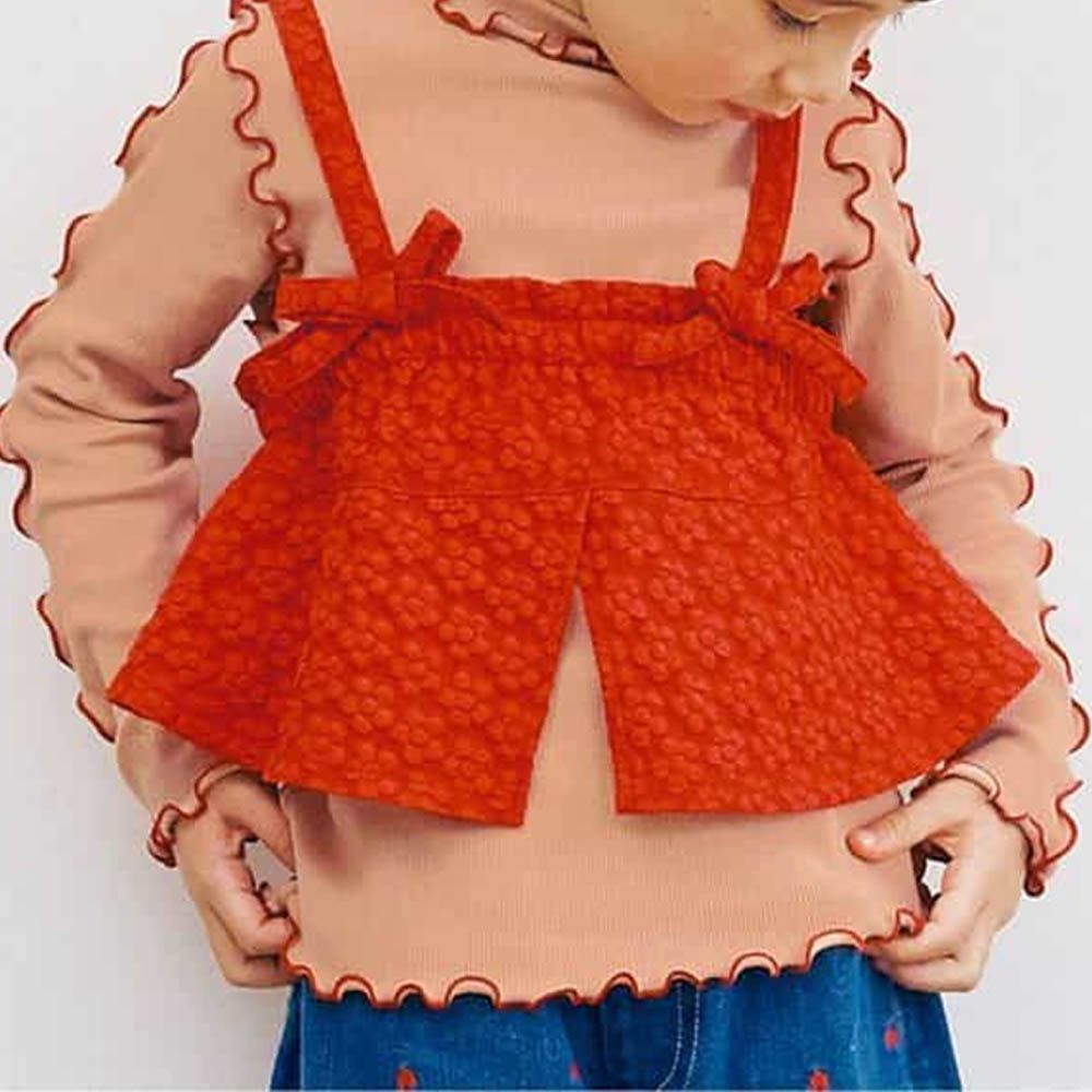 兩件式木耳領吊帶背心長袖上衣-粉橘X紅