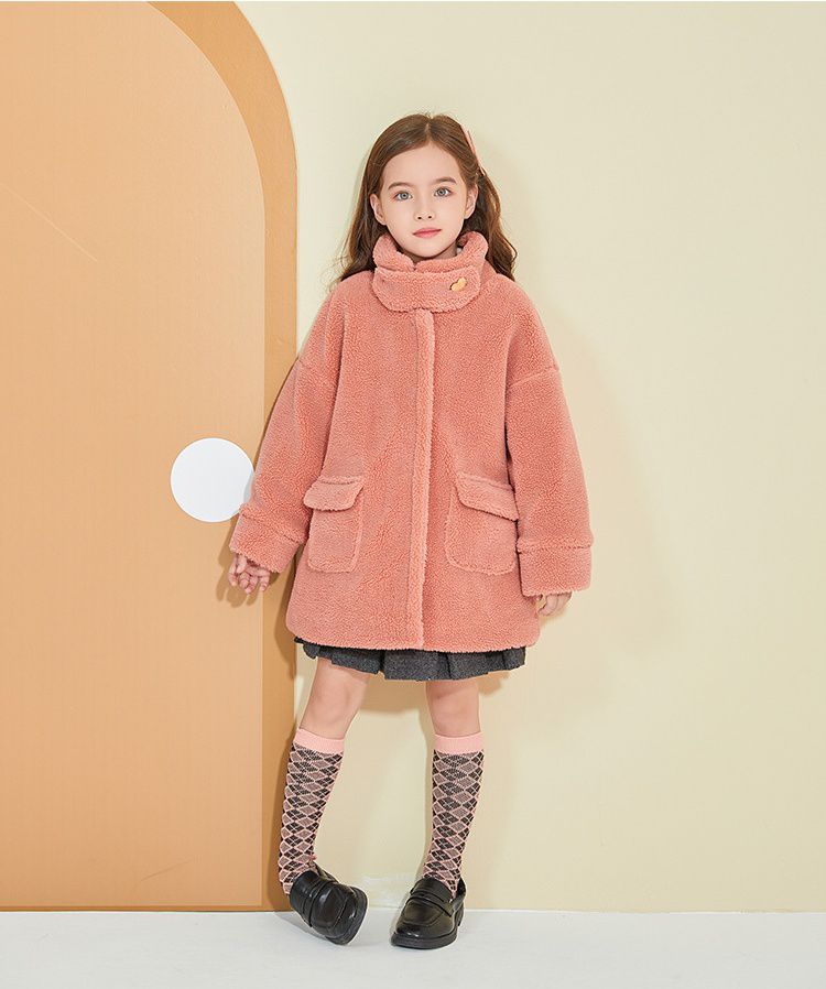 喜氣羊羔毛大衣-金屬愛心扣-粉色