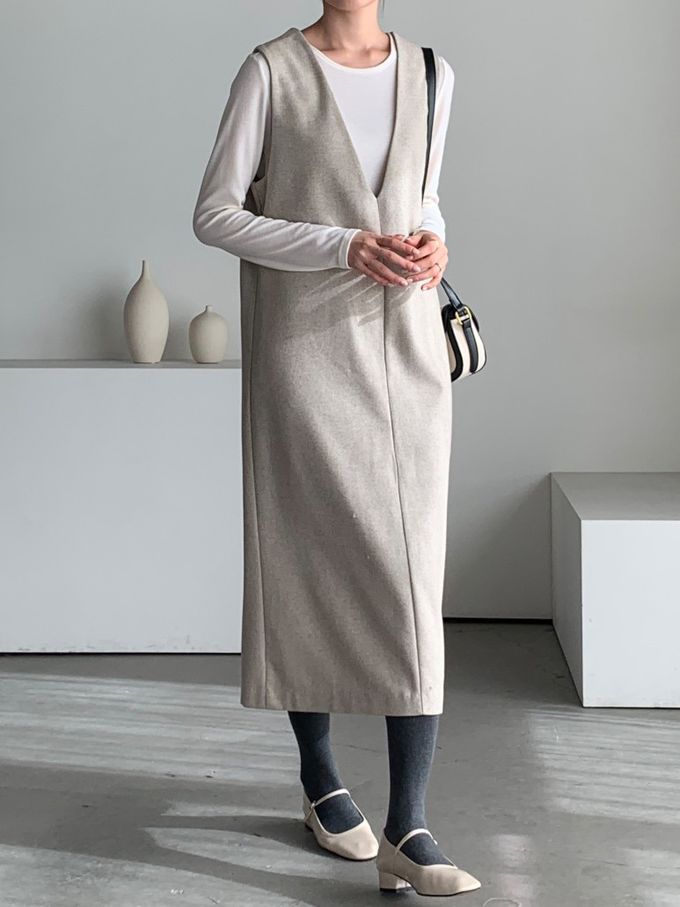 韓國女裝連線 - 簡約V字混羊毛側開連身洋裝-燕麥杏 (FREE)