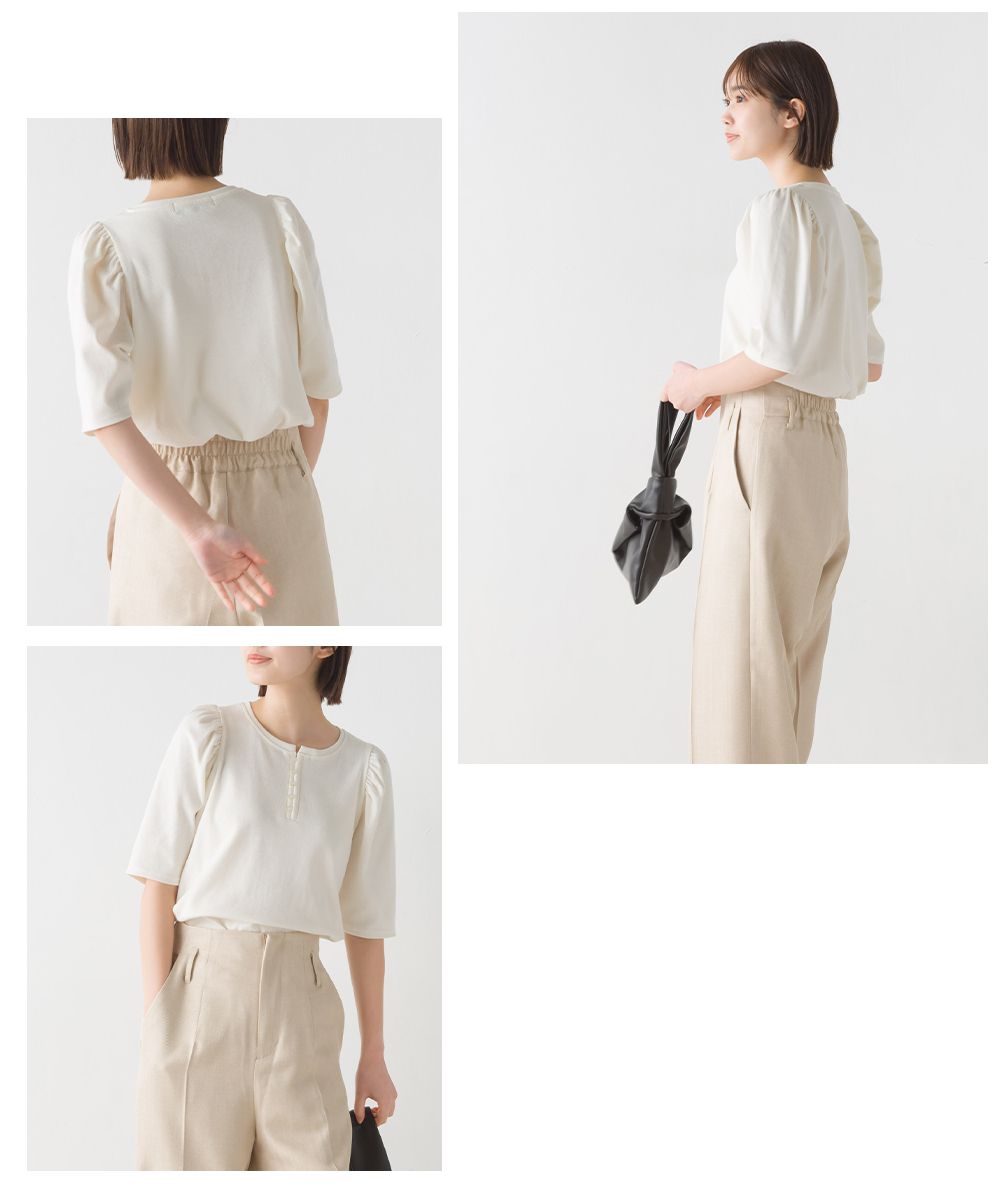 日本 OMNES - 圓領百搭泡泡短袖上衣-黑