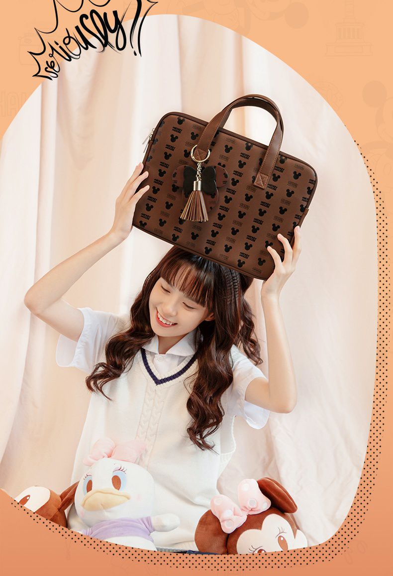 迪士尼手提電腦包-滿版小米奇+英文字-深咖啡色