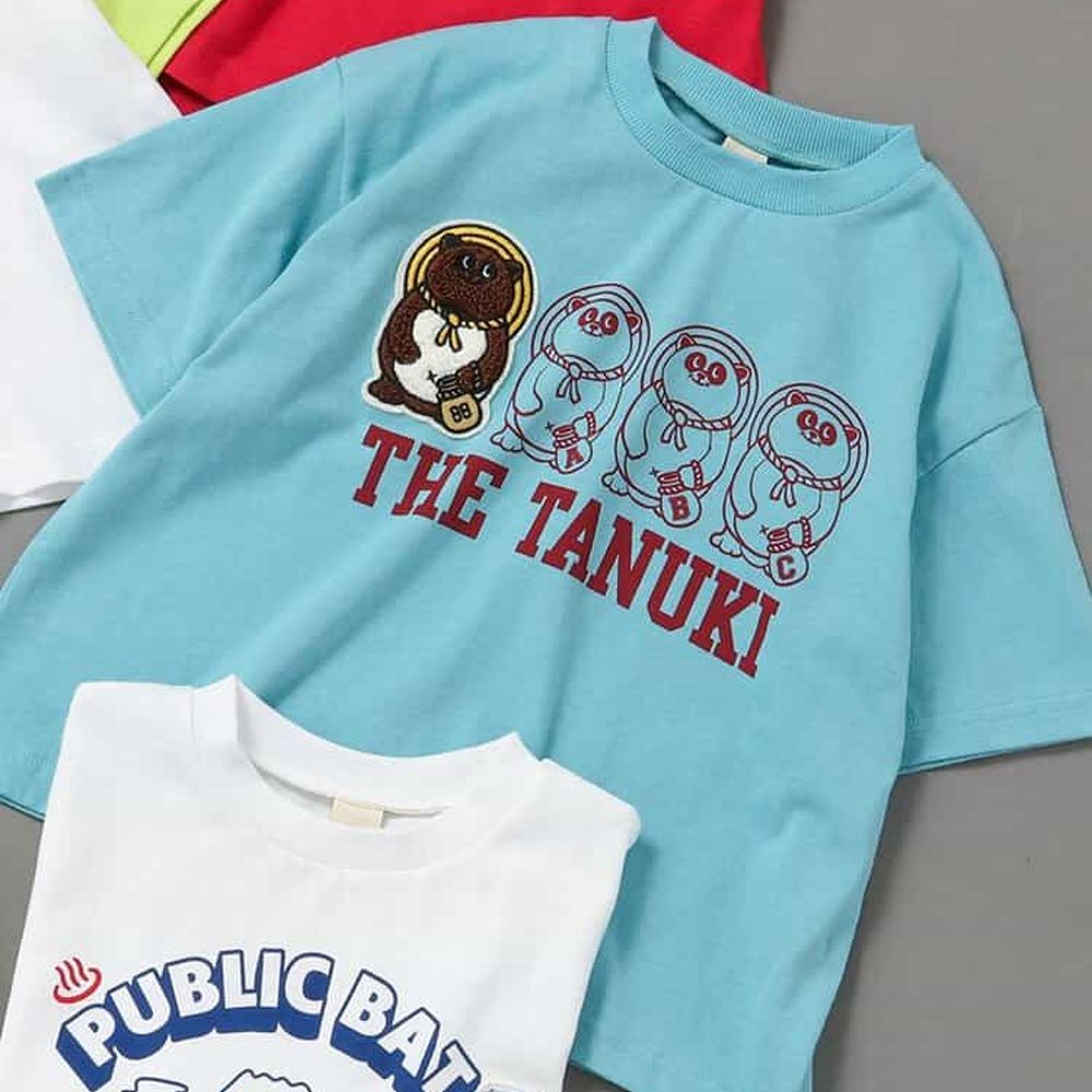 [限量]日本主題立體刺繡短袖上衣-幸運日本狸-水藍