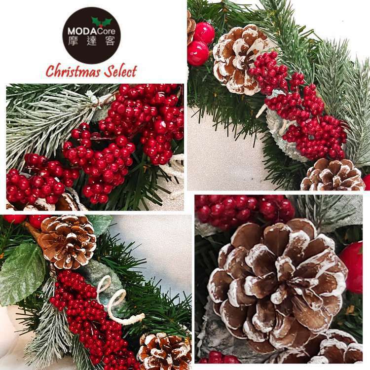 MODACore 摩達客 - 摩達客耶誕-台製歐式優雅14吋冬雪系小紅莓刷白松果質感聖誕花圈_福臨圈(免組裝/台灣設計手工藝製) 本島免運費