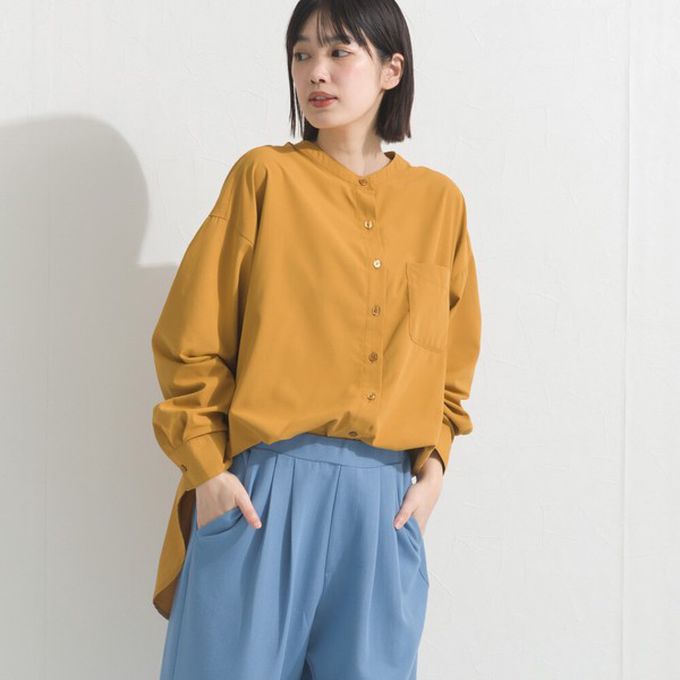 日本 OMNES - 柔滑科技棉 小立領長袖襯衫-芥末黃