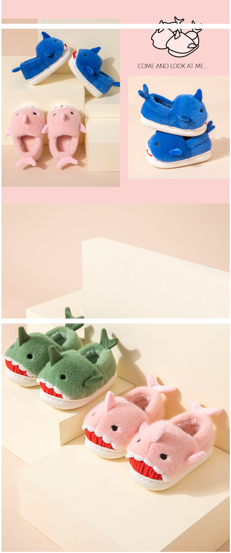 (兒童)立體造型毛絨暖暖室內拖鞋-鯊魚-藍色