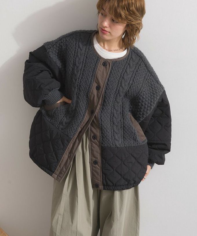 日本 Lupilien - 立體麻花絎縫拼接無領保暖外套-黑