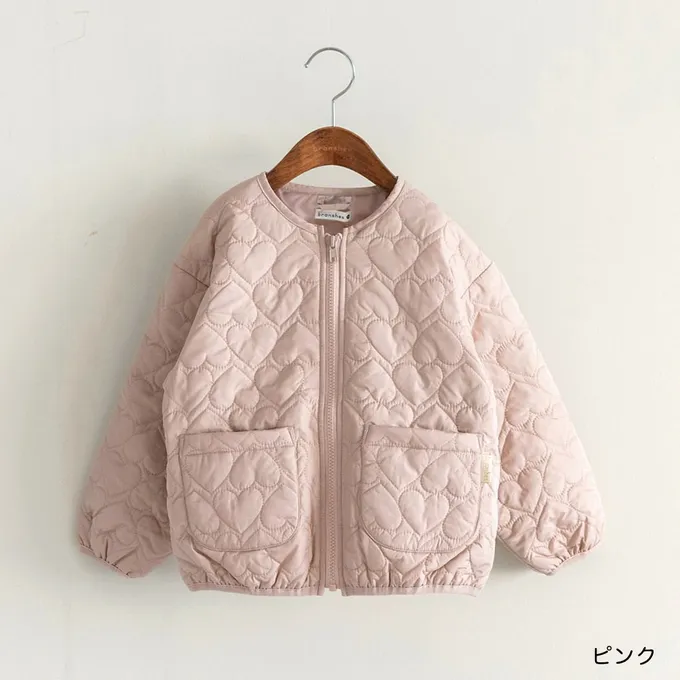 日本 BRANSHES - 甜美心型絎縫輕盈保暖無領外套(可機洗)-粉紅