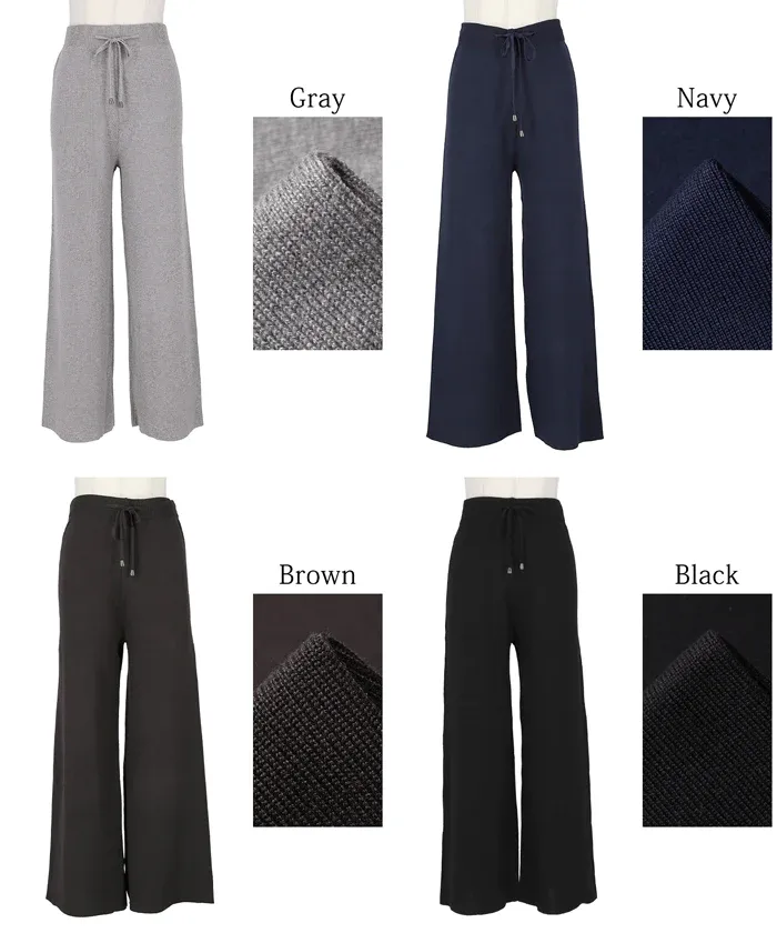 日本 COCA - 針織彈性垂墜美腳寬褲-深藍