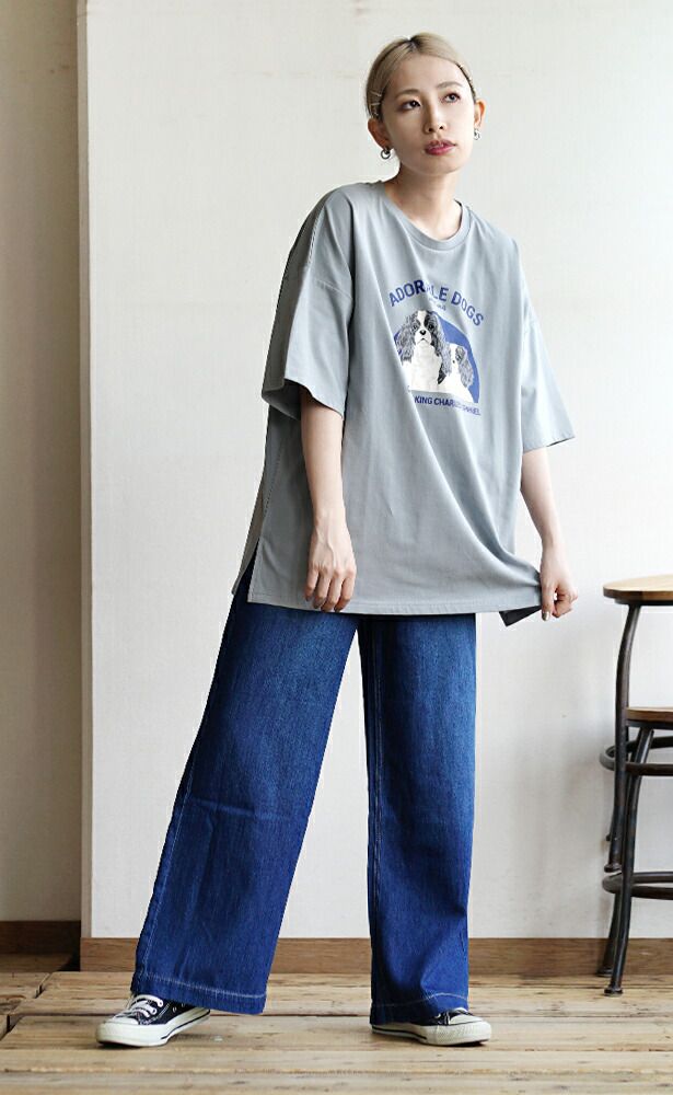 日本 zootie - 棉混落肩狗狗印花短T-白