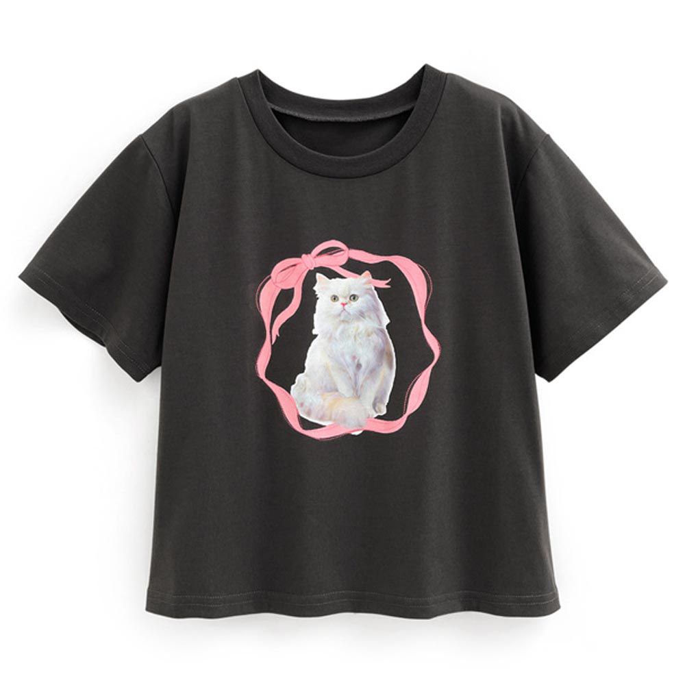 日本 GRL - 甜美波斯貓緞帶短袖T恤-炭黑 (F)