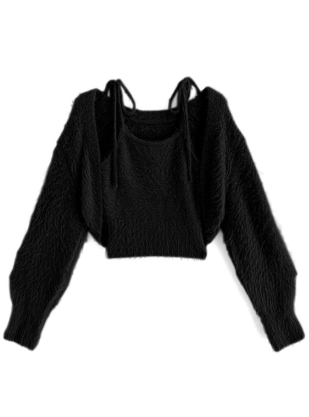 日本 GRL - 時尚毛絨綁帶背心x針織小外套兩件組-時尚黑 (F)