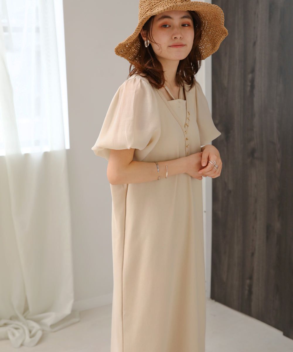 日本 Bab - 優雅綁帶V領泡泡袖洋裝-淺摩卡