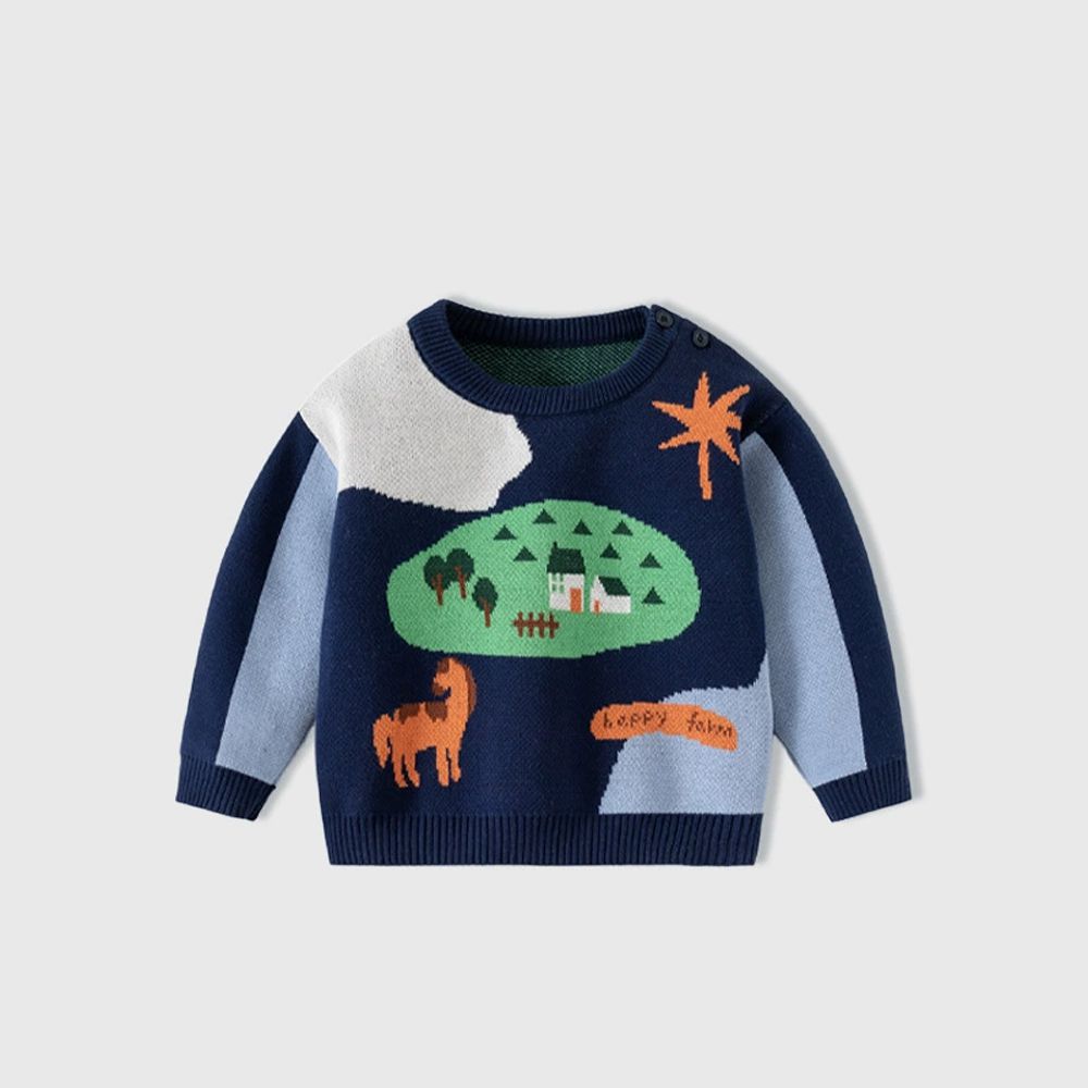 純棉圓領針織長袖上衣-快樂農場-拼色藏青