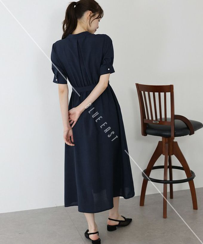 日本 BLUE EAST - 優雅打褶2way領束腰短袖洋裝-灰藍