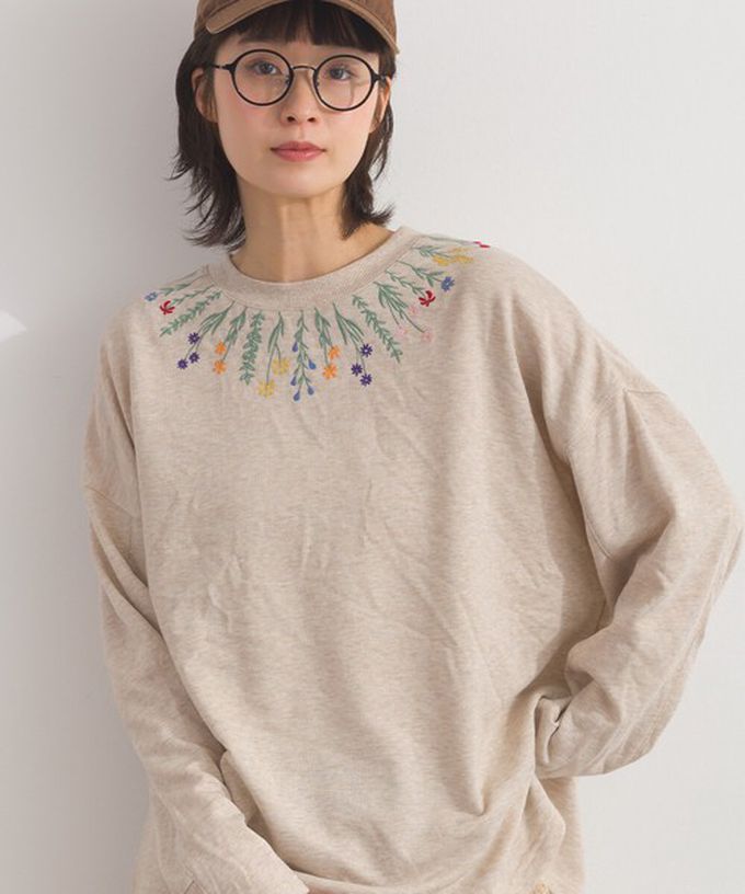 日本 Lupilien - 彩色刺繡花卉領裏毛長袖上衣-炭灰