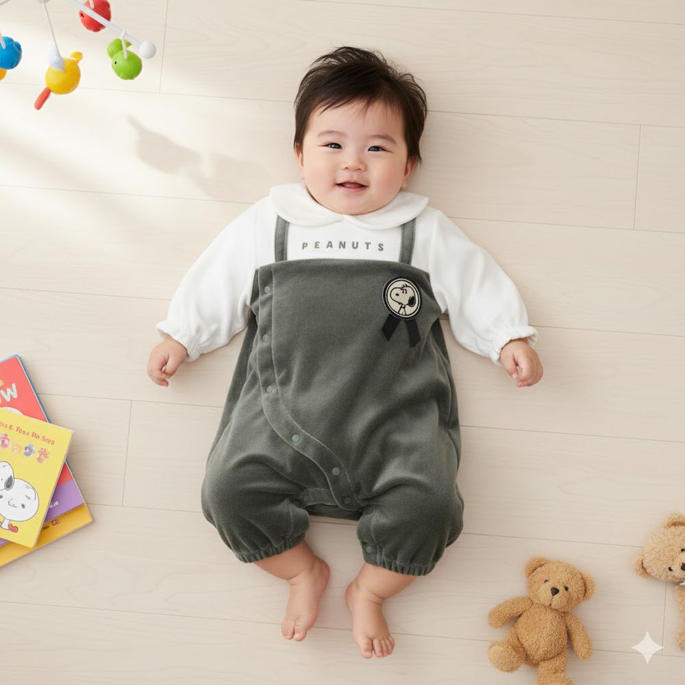 長袖微正式連身衣-史努比 拼接-灰色 (50~60cm)